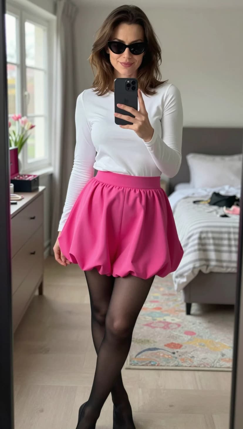 White Long Sleeve Top + Pink Bubble Skirt + Black Tights + Black Heels