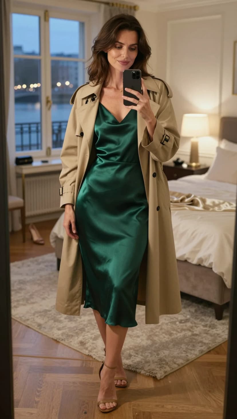 Emerald Satin Slip Dress + Beige Trench Coat + Tan Strappy Heels