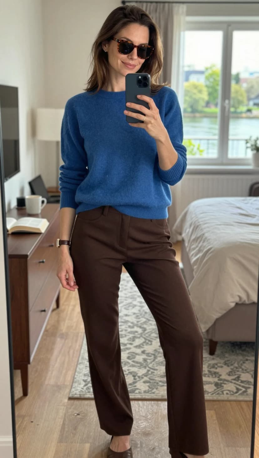Blue Cashmere Sweater + Brown Wool Trousers + Brown Leather Loafers