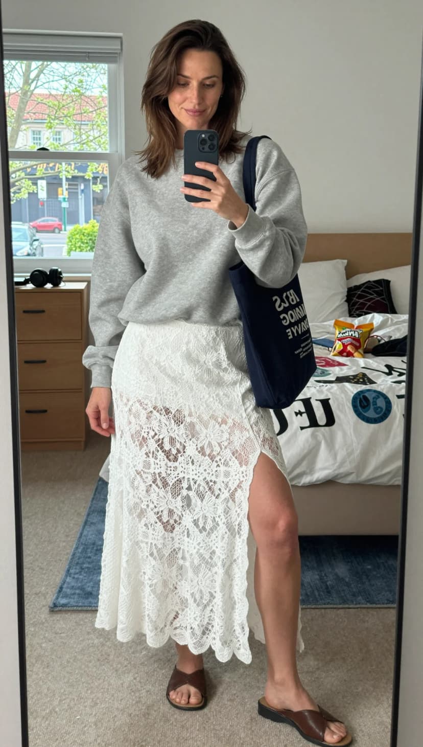 Grey Fleece Sweatshirt + White Lace Maxi Skirt + Brown Leather Slides