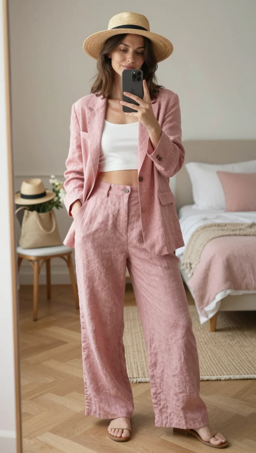 Rose Linen Blazer + Rose Linen Trousers + White Crop Top + Straw Hat + Tan Sandals