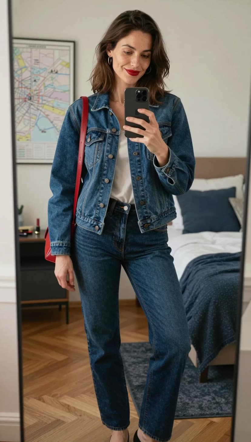 Blue Denim Jacket + White Cotton T-shirt + Blue Straight Leg Jeans + Red Leather Crossbody Bag