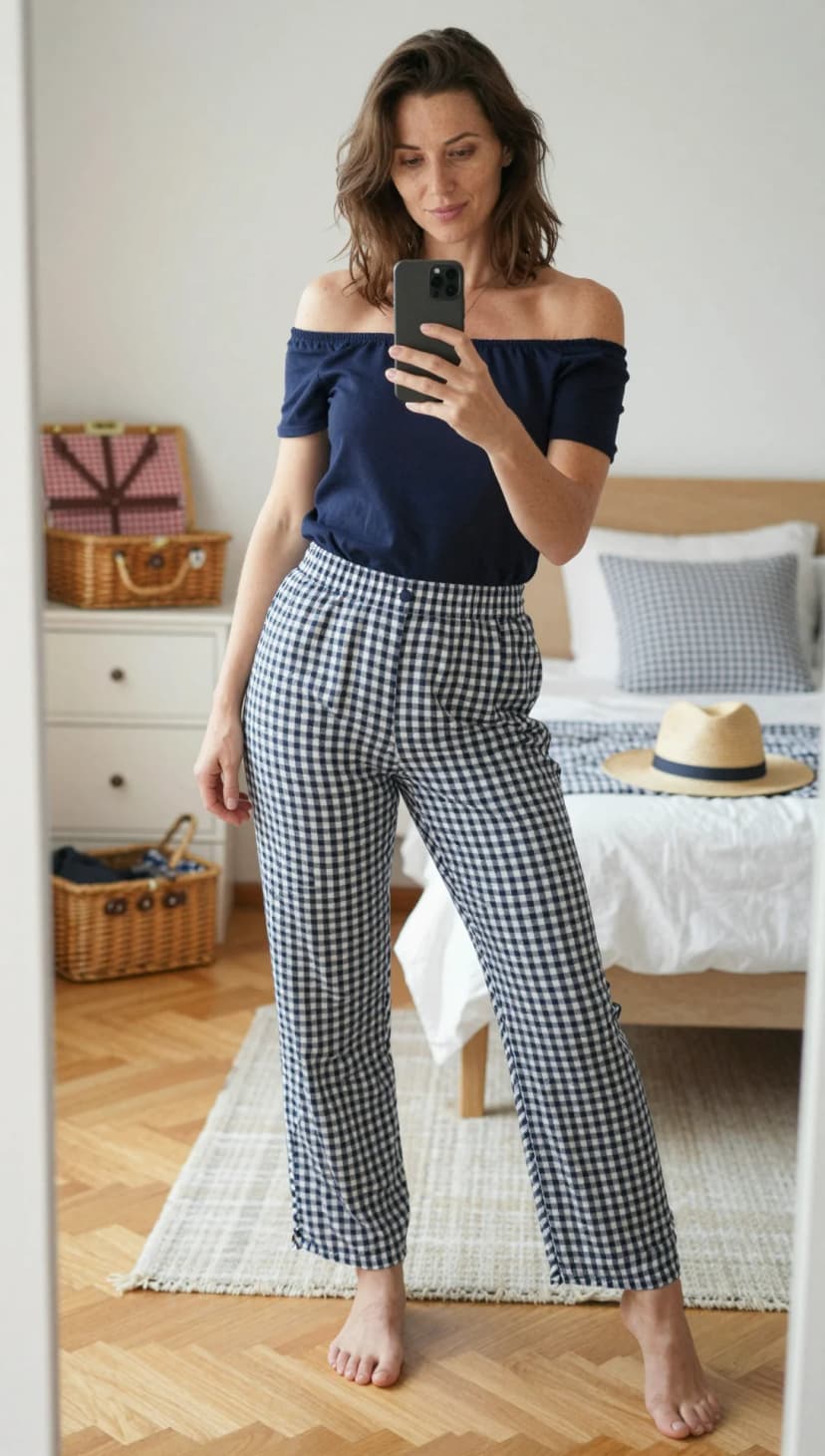 Navy Off-the-Shoulder Top + Navy and White Gingham Trousers