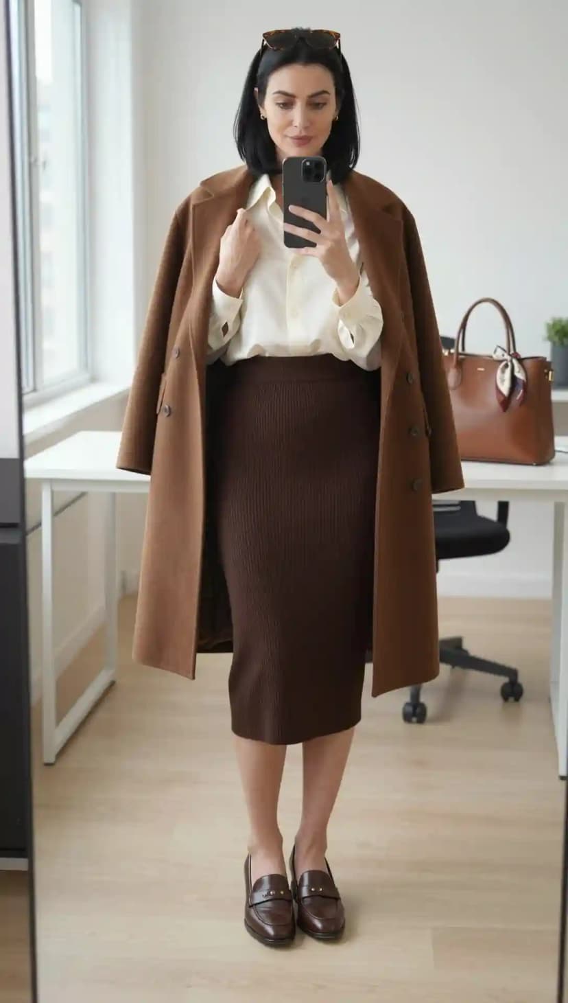 Cream Button-Up Shirt + Brown Ribbed Knit Pencil Skirt + Brown Duster Coat + Brown Loafers