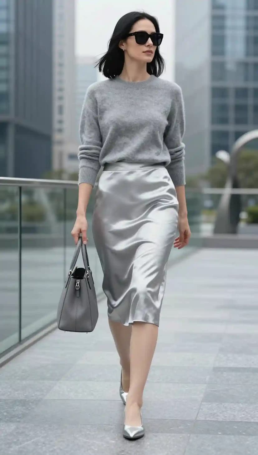 Grey Crewneck Sweater + Silver Satin Midi Skirt + Silver Heels