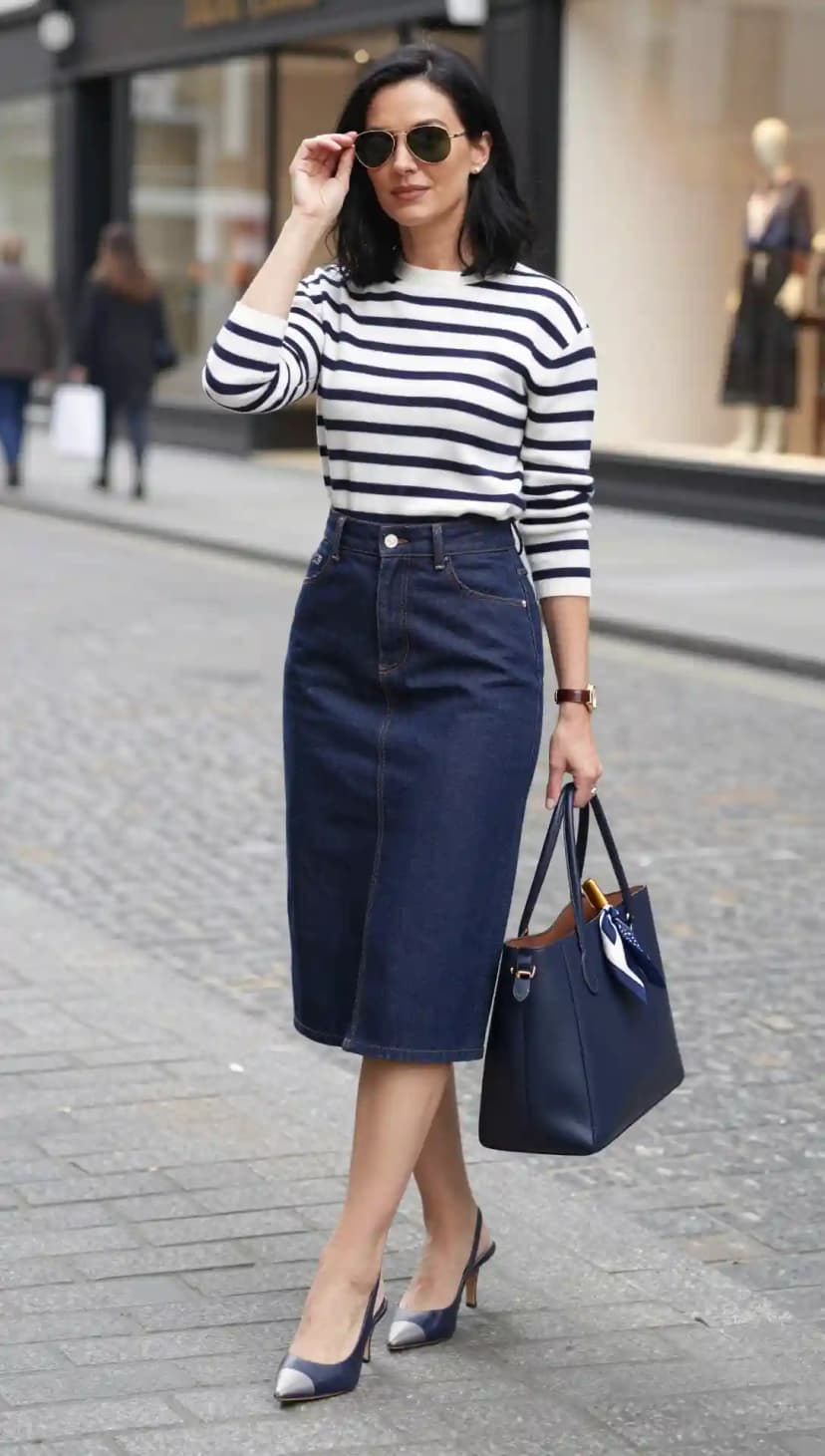 Navy and White Striped Long-Sleeve Top + Dark Wash Denim Pencil Skirt + Navy Tote Bag + Navy Slingback Heels