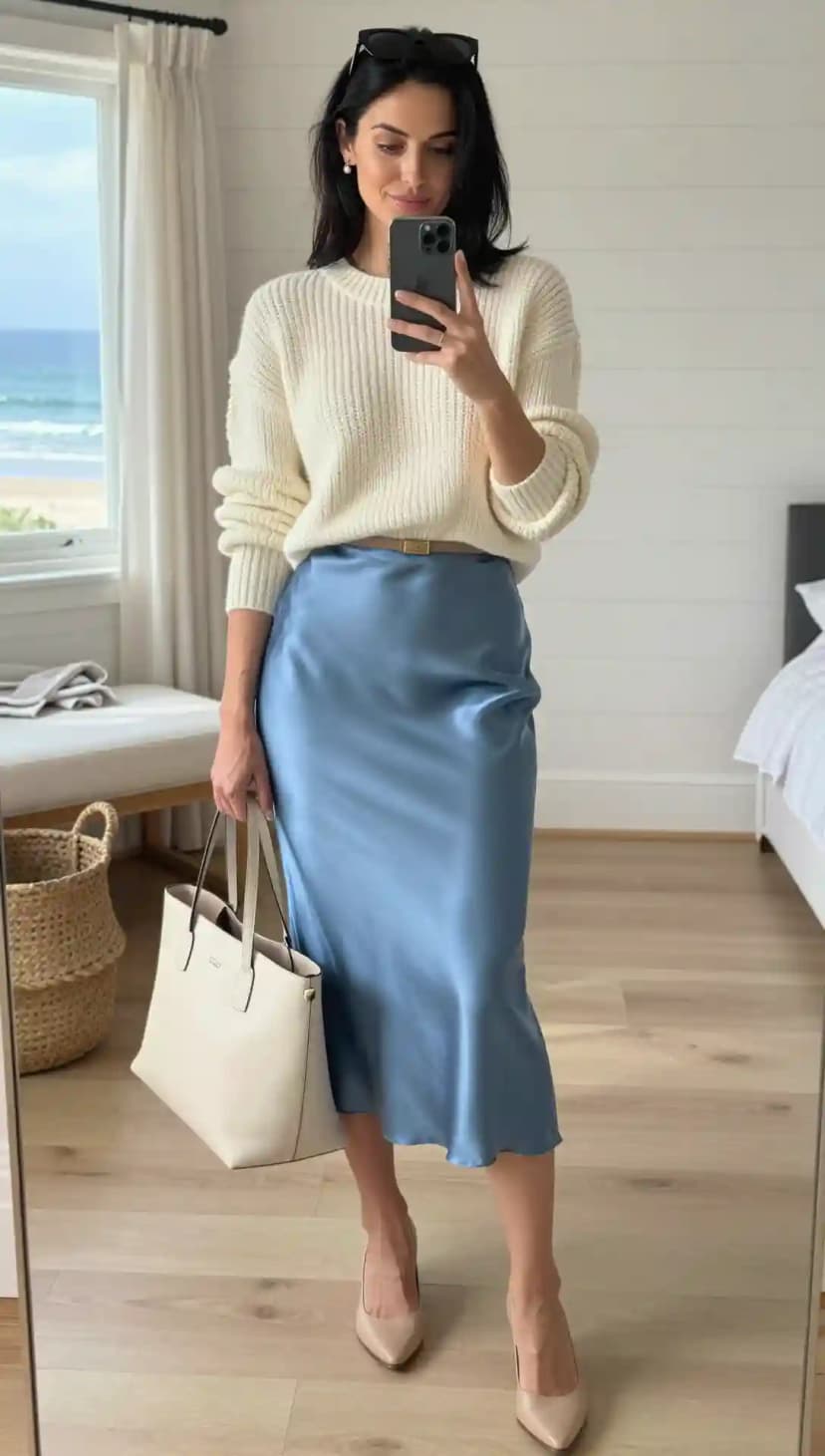 Cream Chunky Knit Sweater + Periwinkle Blue Satin Midi Skirt + Beige Belt + Nude Heels
