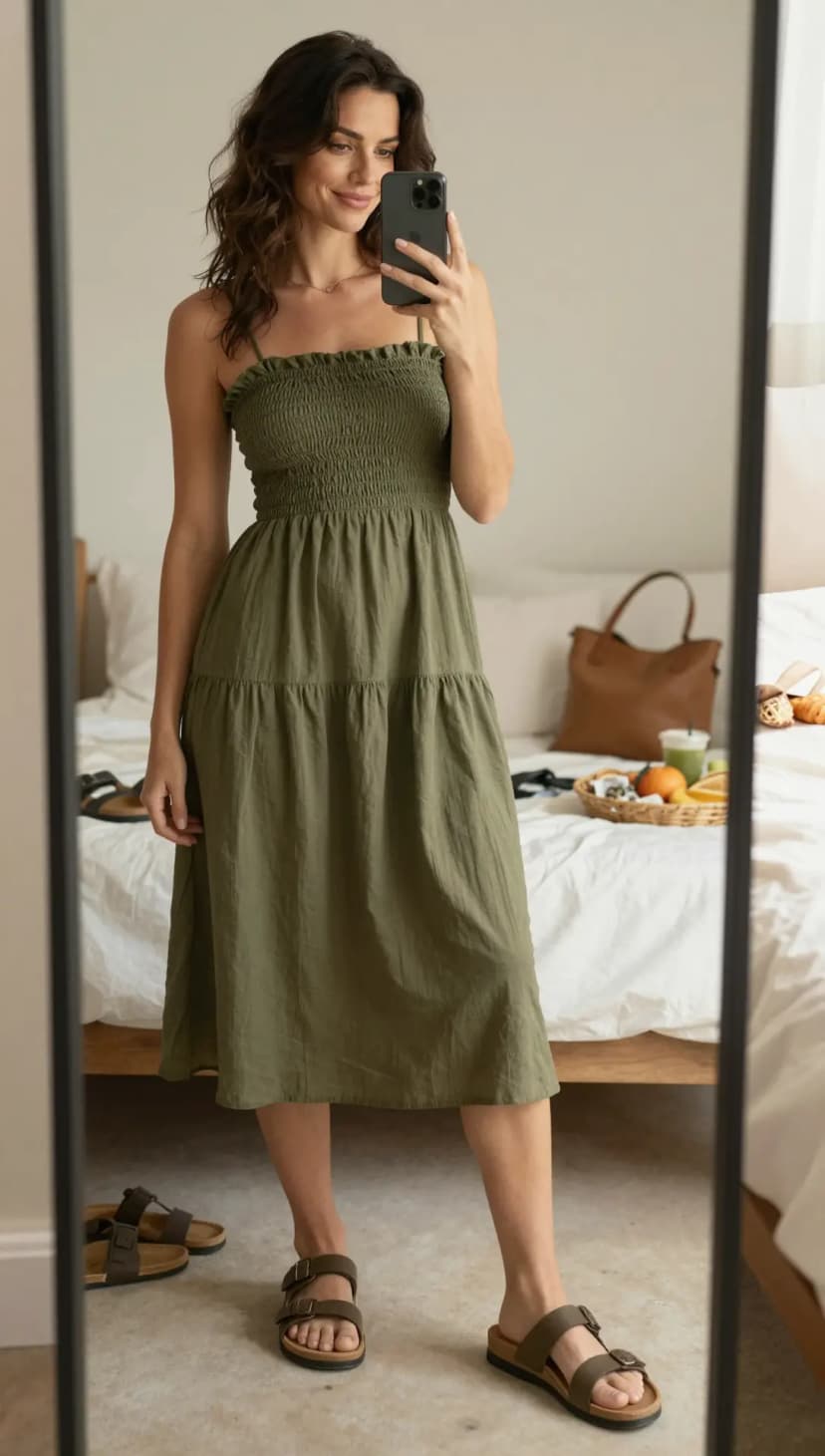Olive Cotton Smocked Midi Dress