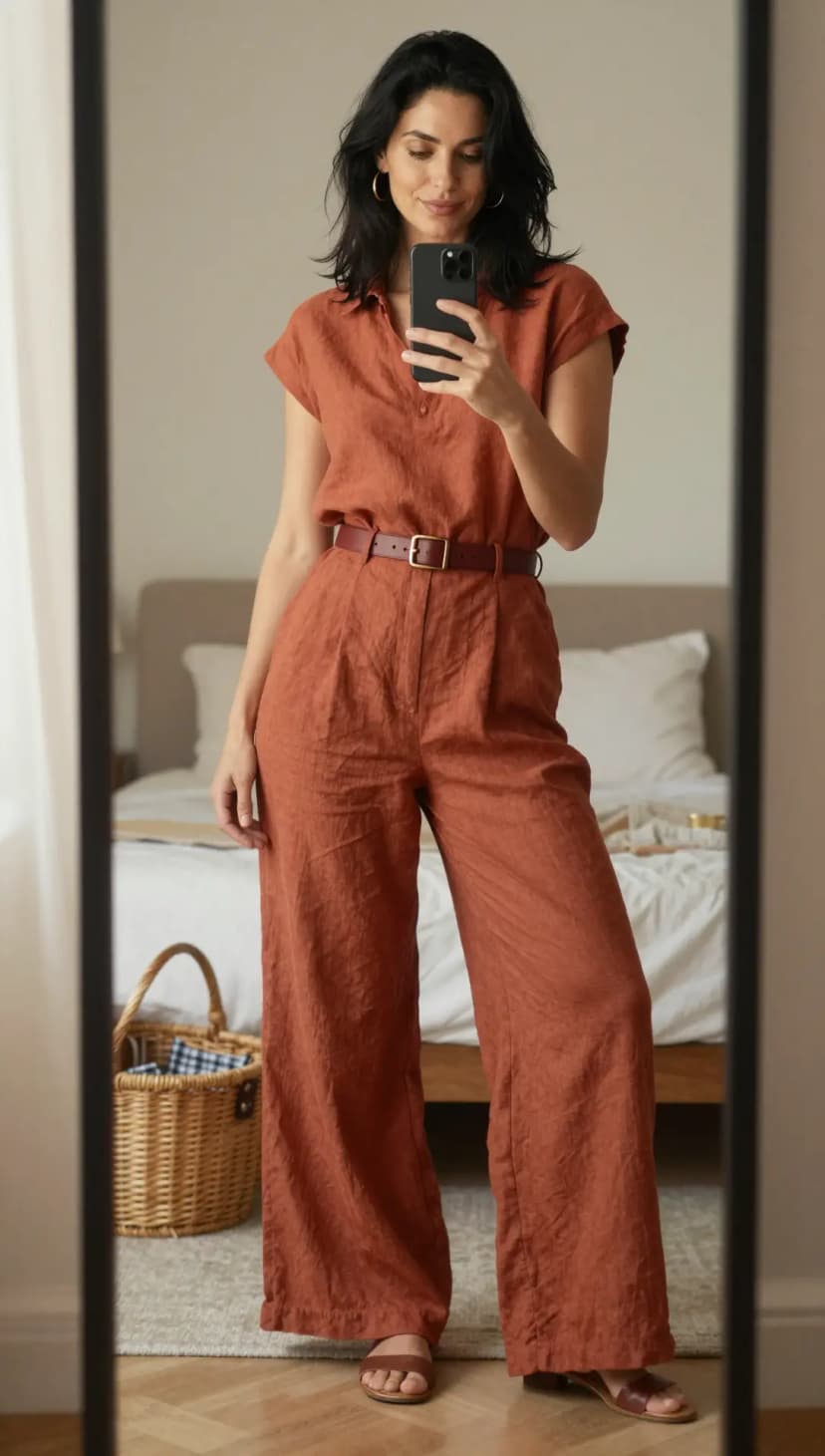 Rust Linen Button-Up Top + Rust Linen Wide-Leg Pants