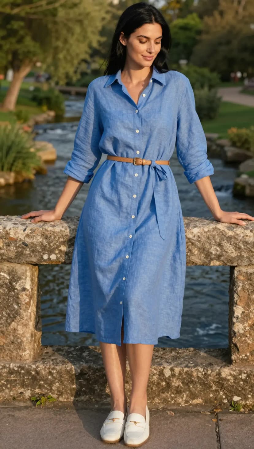 Blue Linen Shirtdress + Tan Leather Belt