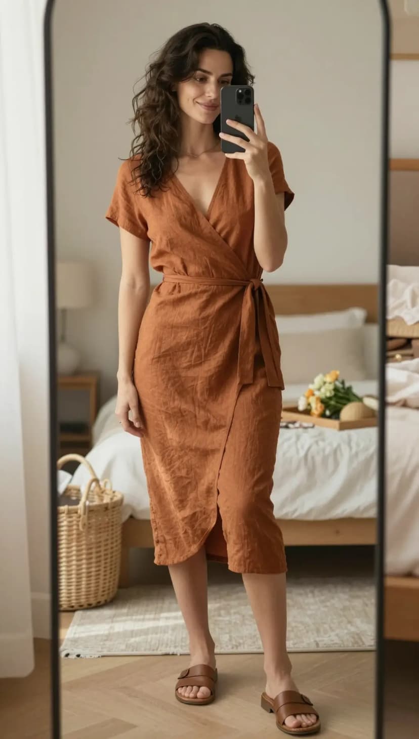 Rust Linen Wrap Dress