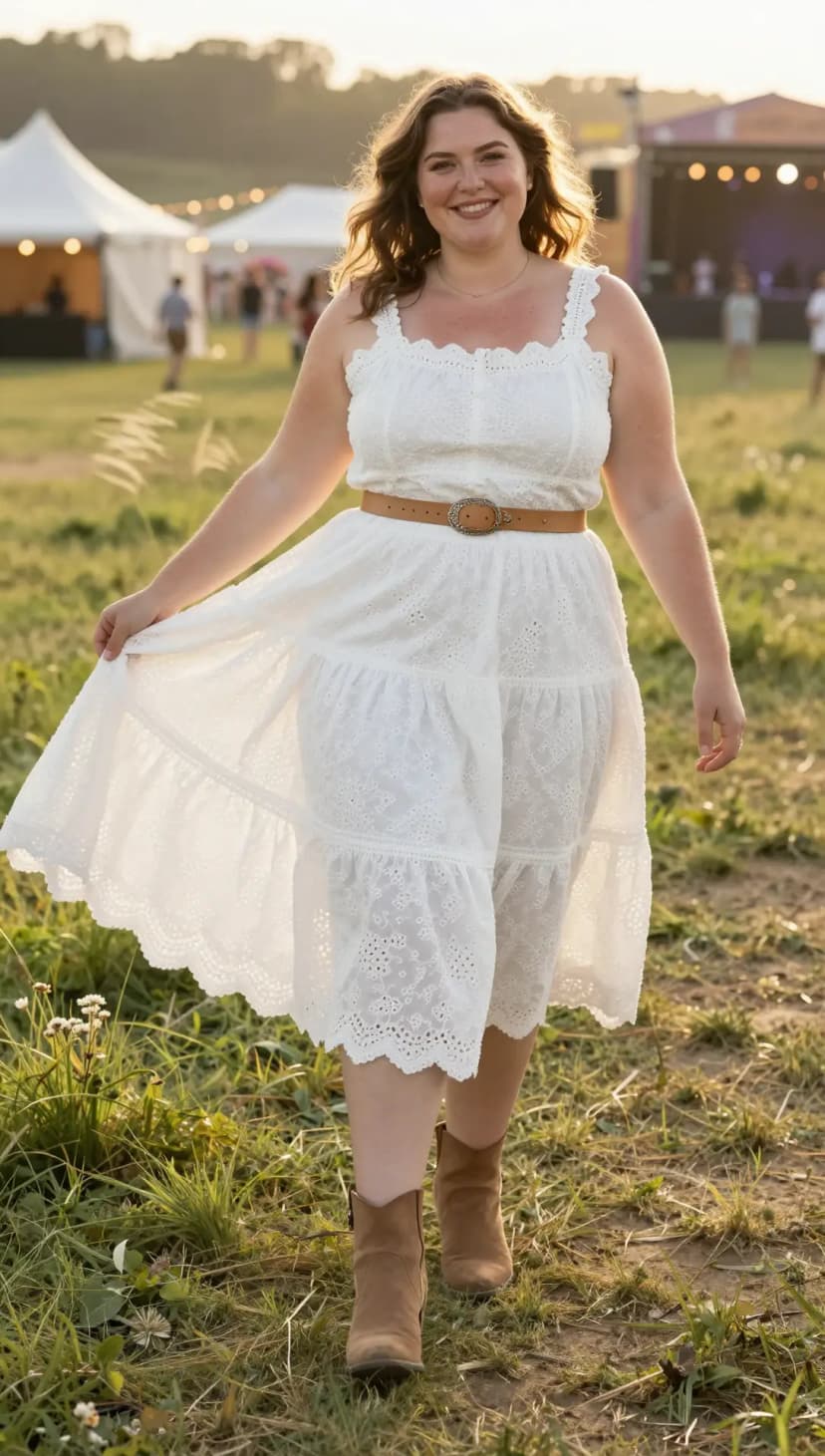 White Broderie Anglaise Sundress + Brown Suede Ankle Boots + Tan Leather Belt