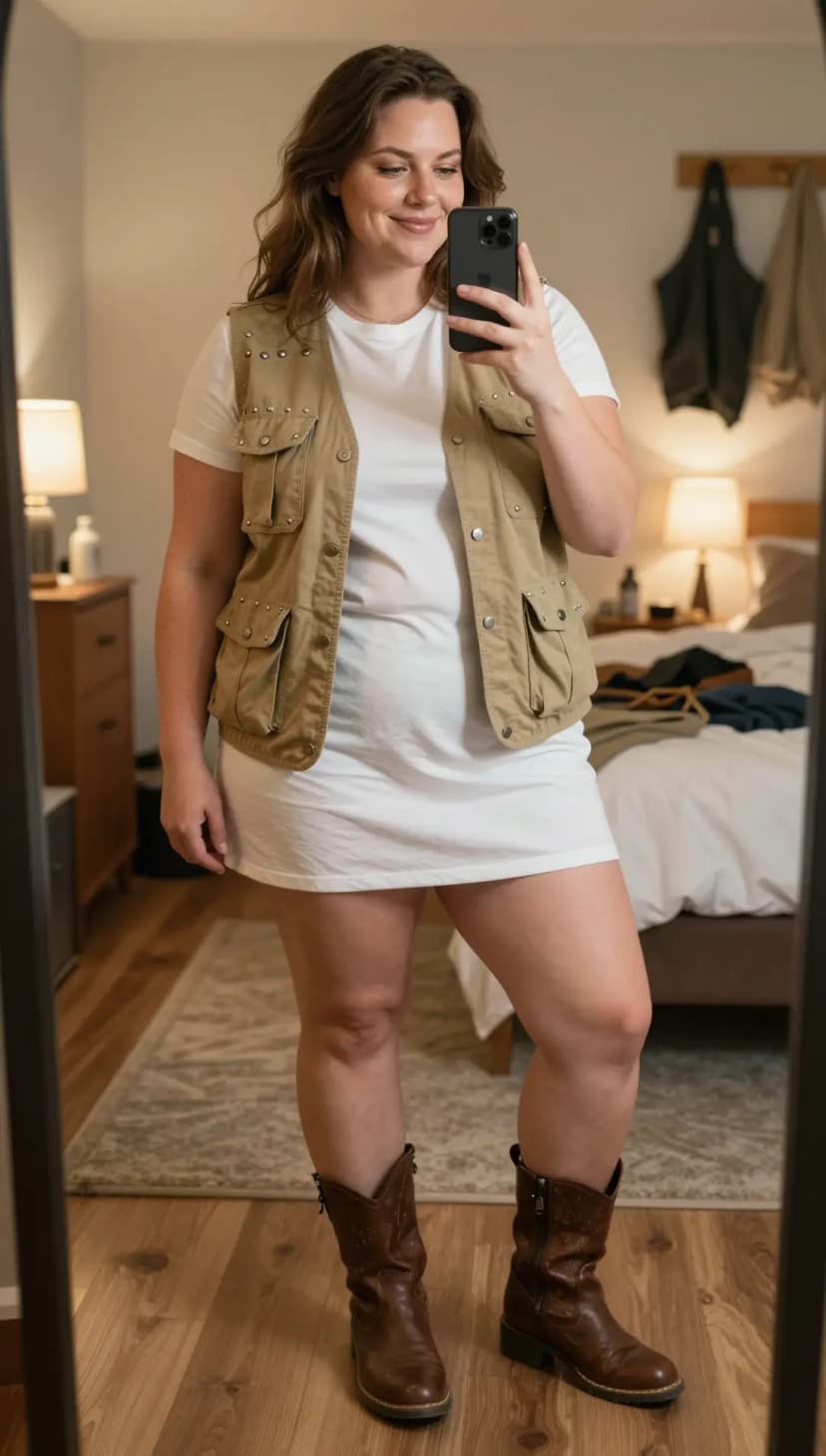 White Cotton T-Shirt Dress + Tan Studded Utility Vest + Brown Leather Cowboy Boots