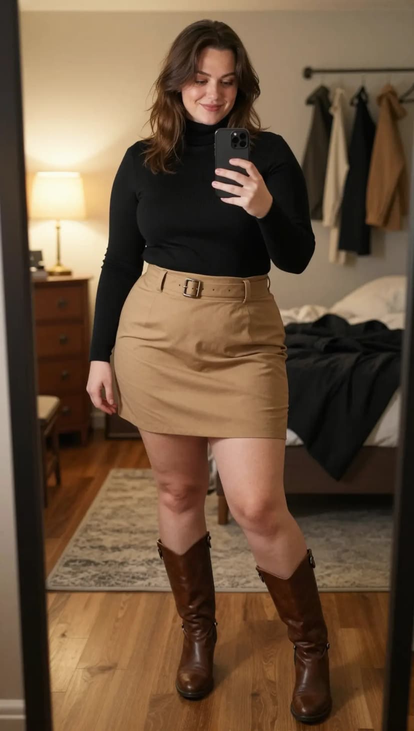 Black Ribbed Turtleneck Top + Tan Cotton Mini Skirt + Brown Leather Boots