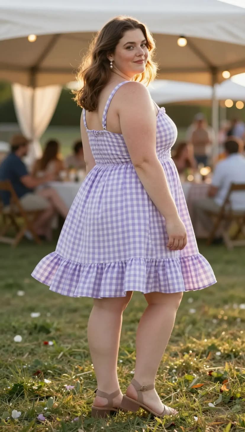 Purple Gingham Cotton Sundress + Tan Leather Block Heel Sandals + Pearl Drop Earrings