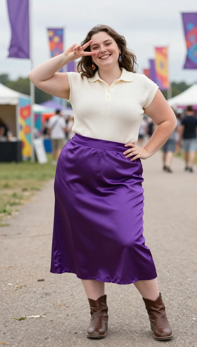 Cream Ribbed Knit Polo Top + Purple Satin Midi Skirt + Brown Leather Ankle Boots