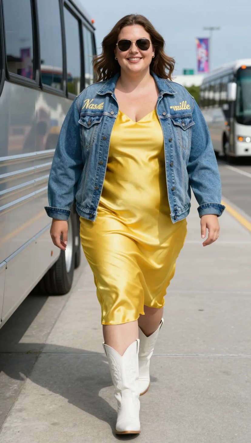 Yellow Satin Slip Dress + Blue Denim Jacket + White Embroidered Cowboy Boots
