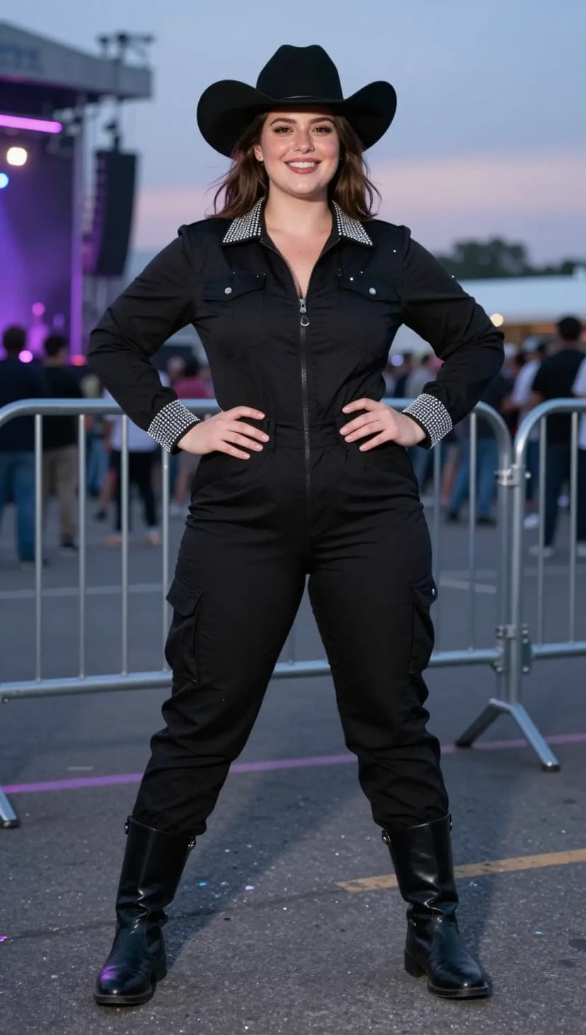 Black Twill Jumpsuit + Black Leather Boots + Black Cowboy Hat