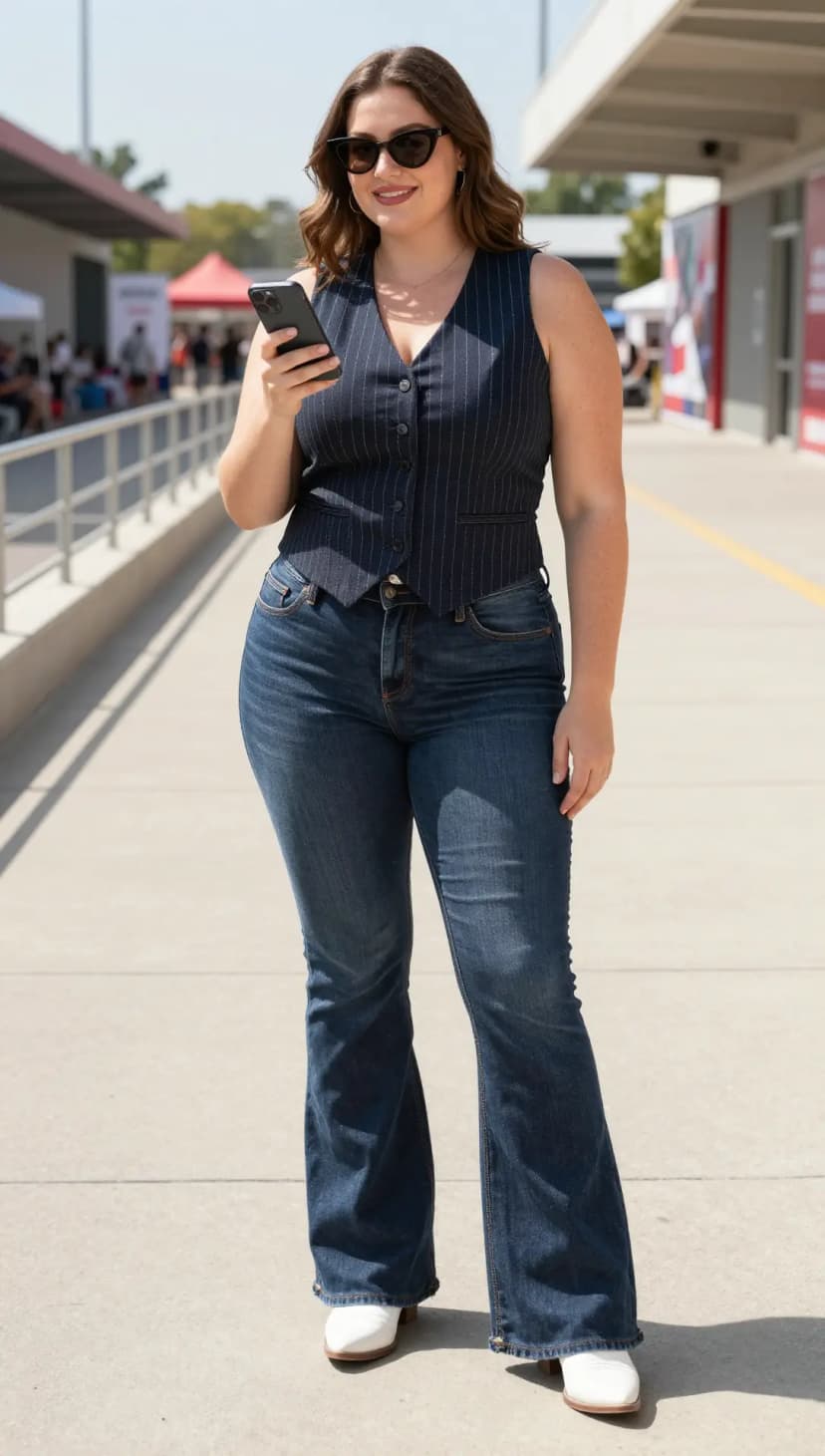 Navy Pinstripe Vest + Dark Wash Flare Jeans + White Leather Ankle Boots