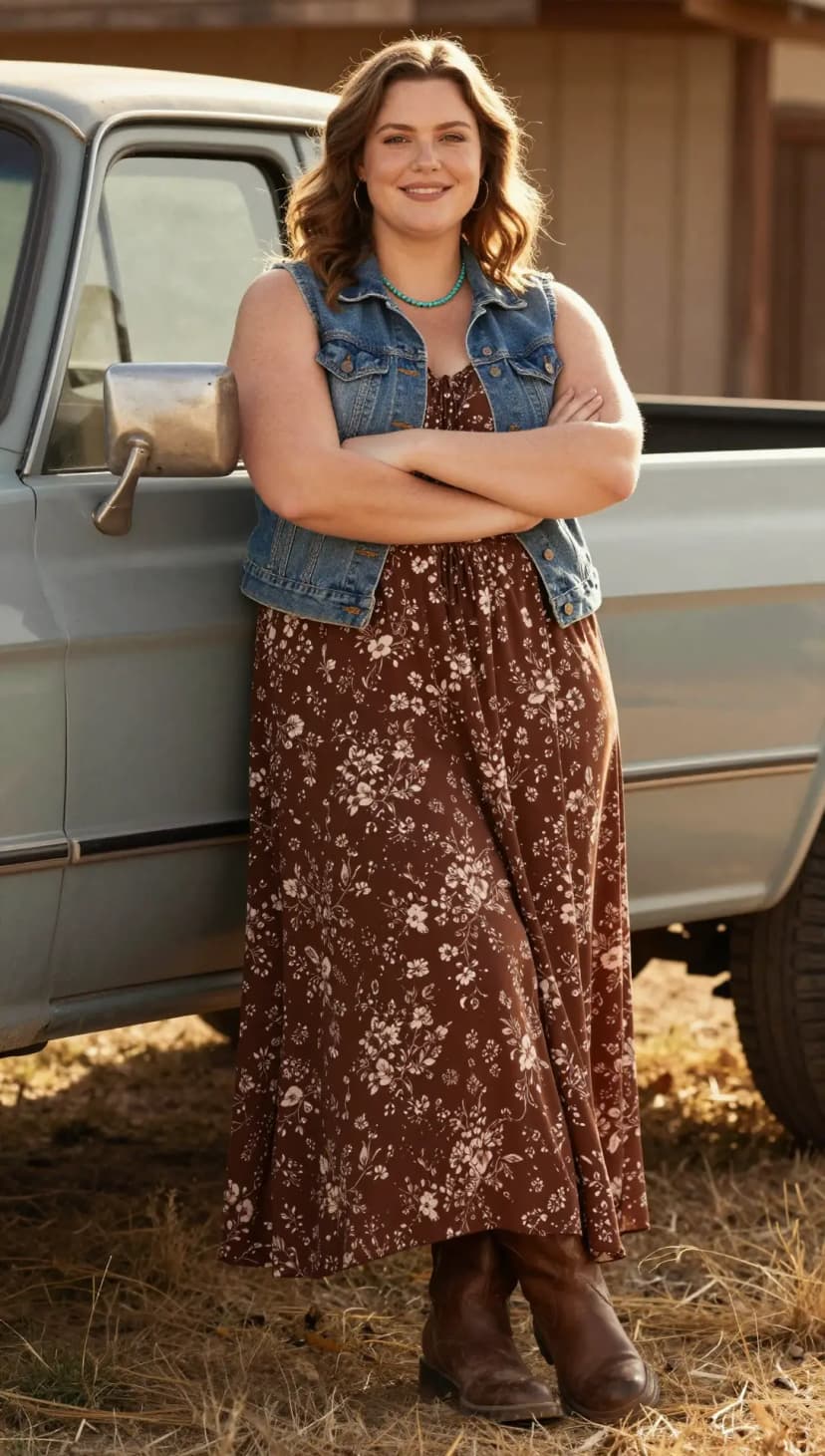 Brown Floral Print Maxi Dress + Denim Vest + Brown Leather Boots