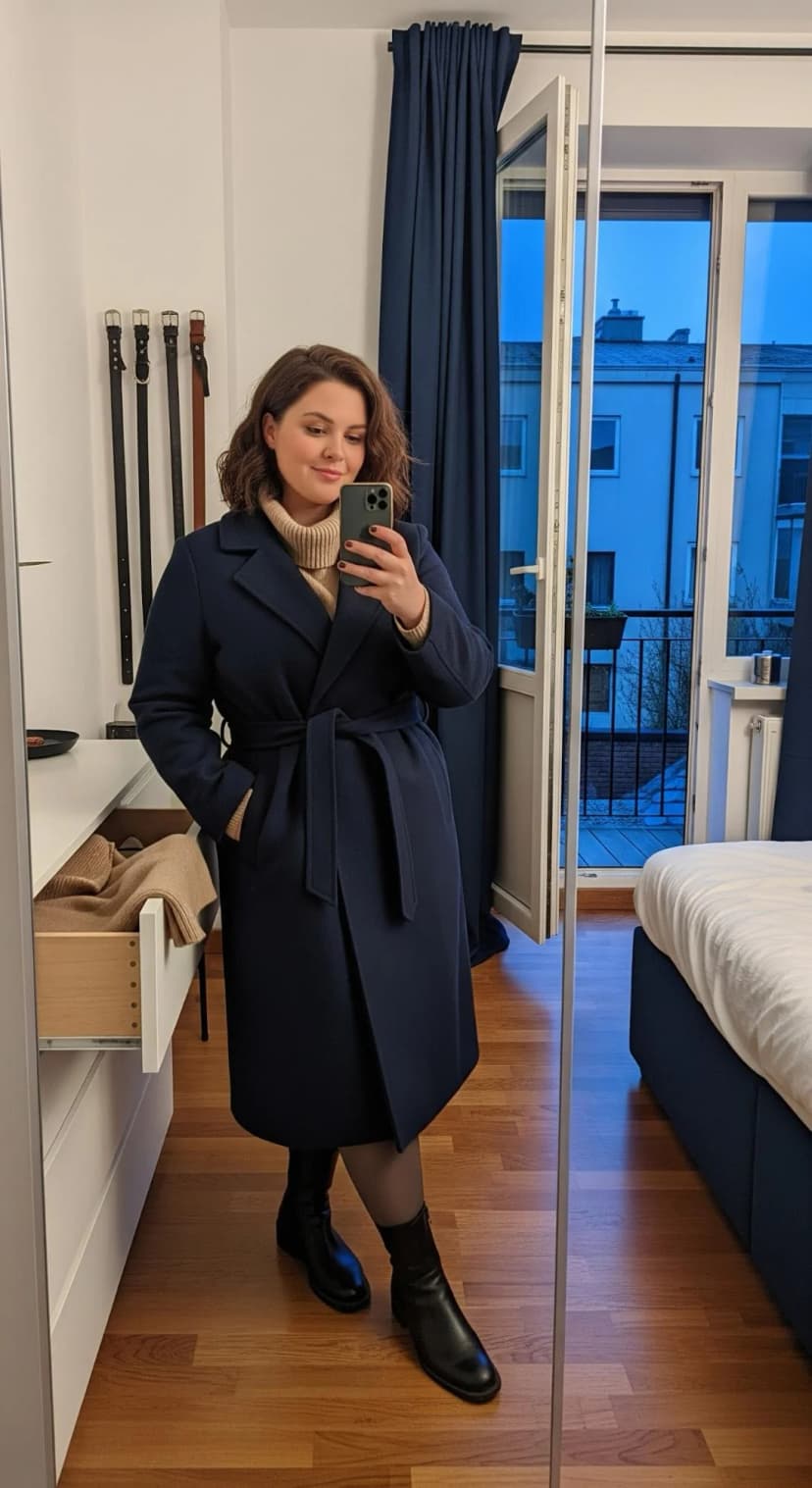 Beige Turtleneck + Navy Wool Coat + Black Ankle Boots