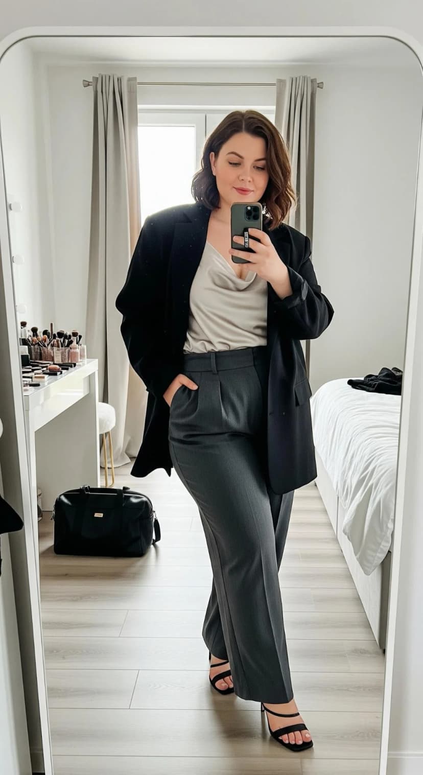 Champagne Satin Cami + Grey Wool Trousers + Black Oversized Blazer + Black Heels