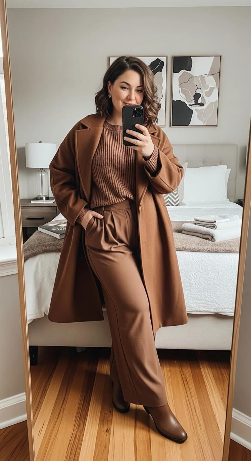 Brown Ribbed Knit Sweater + Brown Trousers + Brown Wool Coat + Brown Ankle Boots