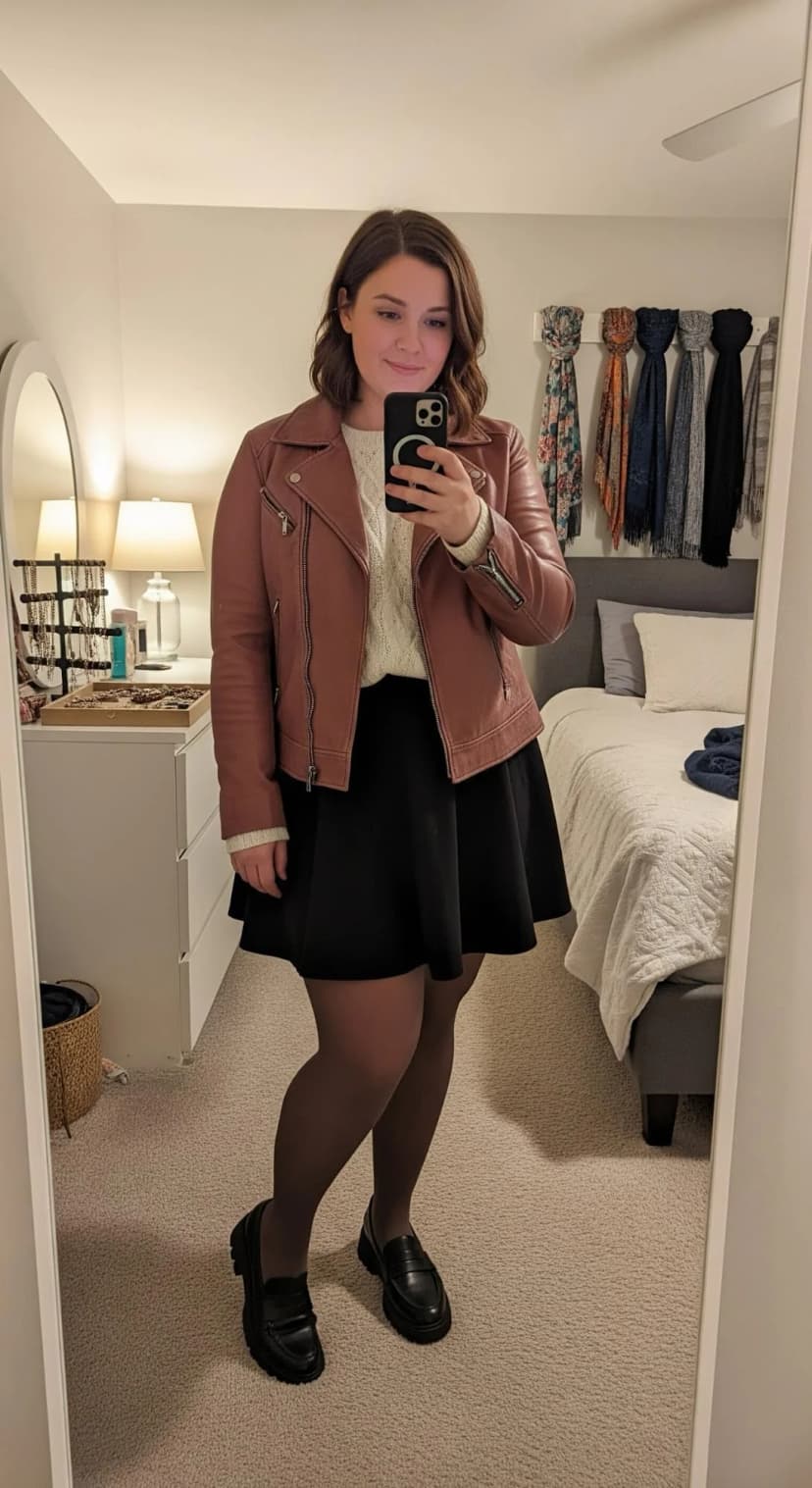 Cream Cable Knit Sweater + Black Mini Skirt + Rose Leather Moto Jacket + Black Loafers