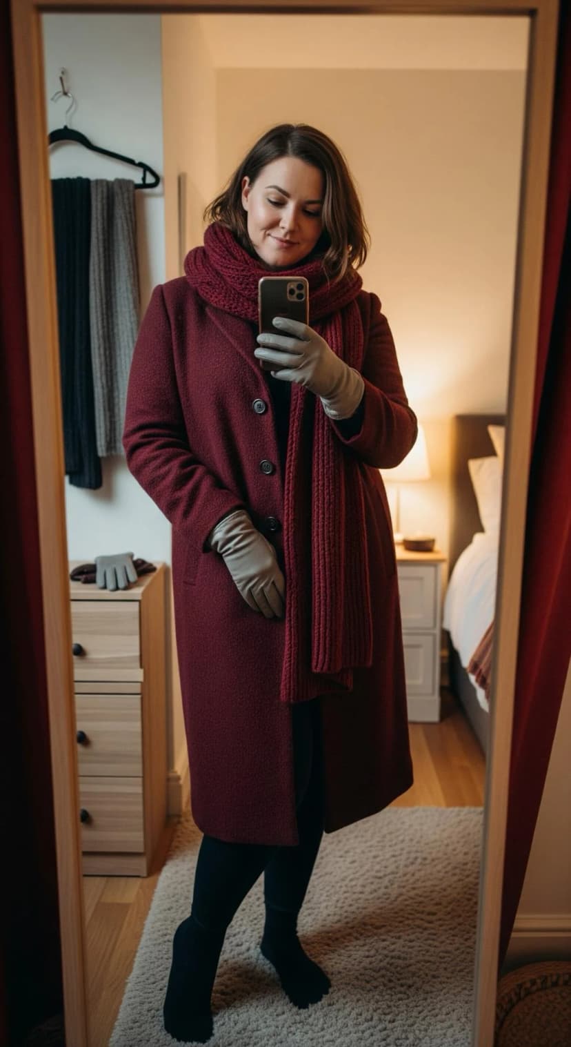 Burgundy Wool Coat + Burgundy Knit Scarf + Grey Leather Gloves