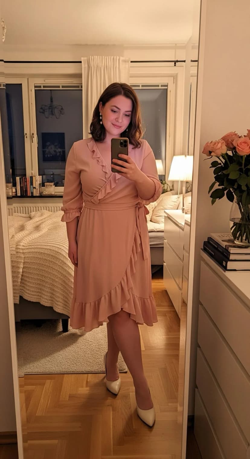 Rose Chiffon Ruffle Wrap Dress + Cream Pointed Pumps