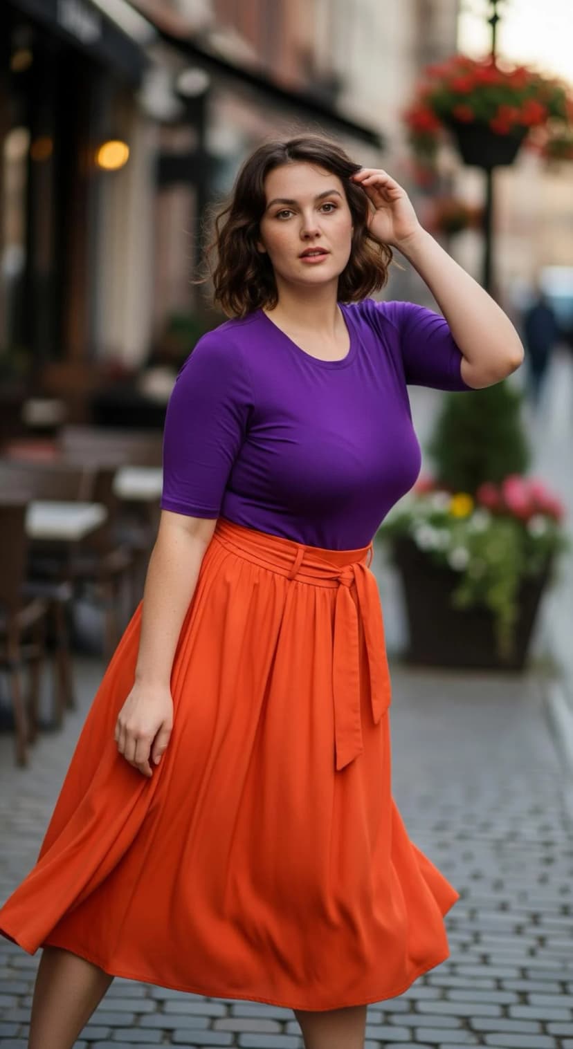 Purple Cotton Tee + Orange Midi Skirt