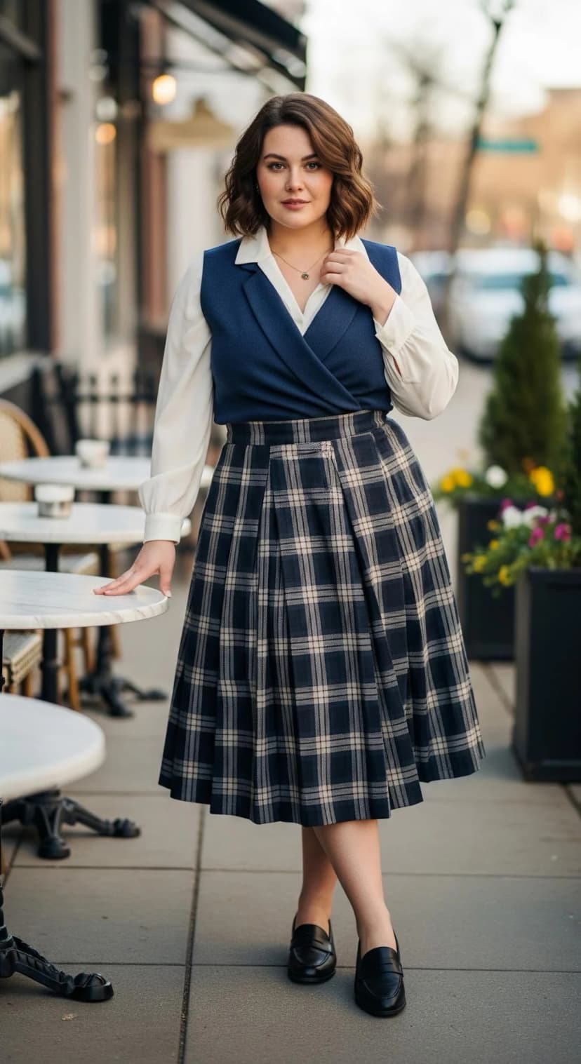 White Button-Down + Navy Blazer Vest + Plaid Midi Skirt + Black Loafers