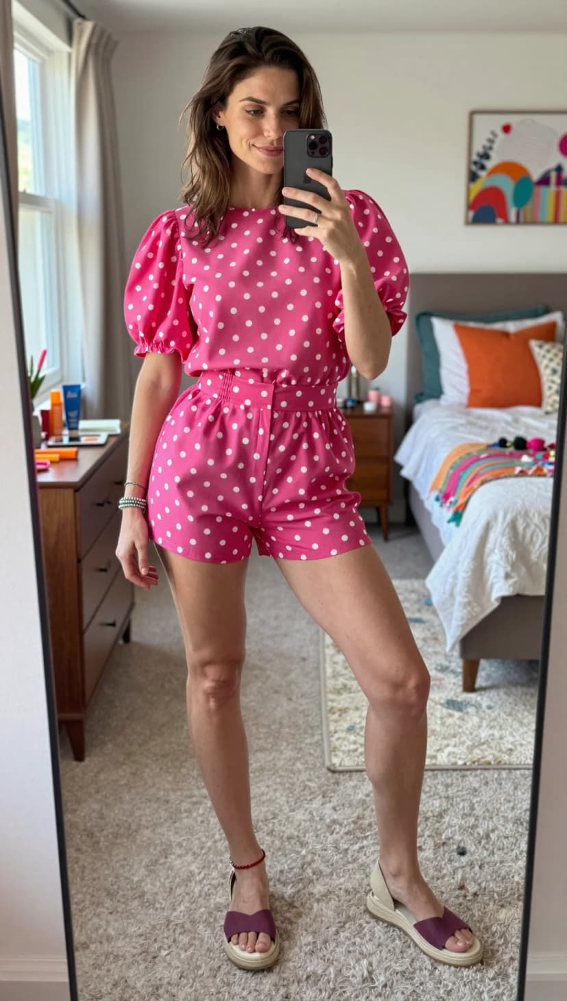 Pink Polka Dot Puff Sleeve Top + Pink Polka Dot High Waisted Shorts + Plum Platform Sandals