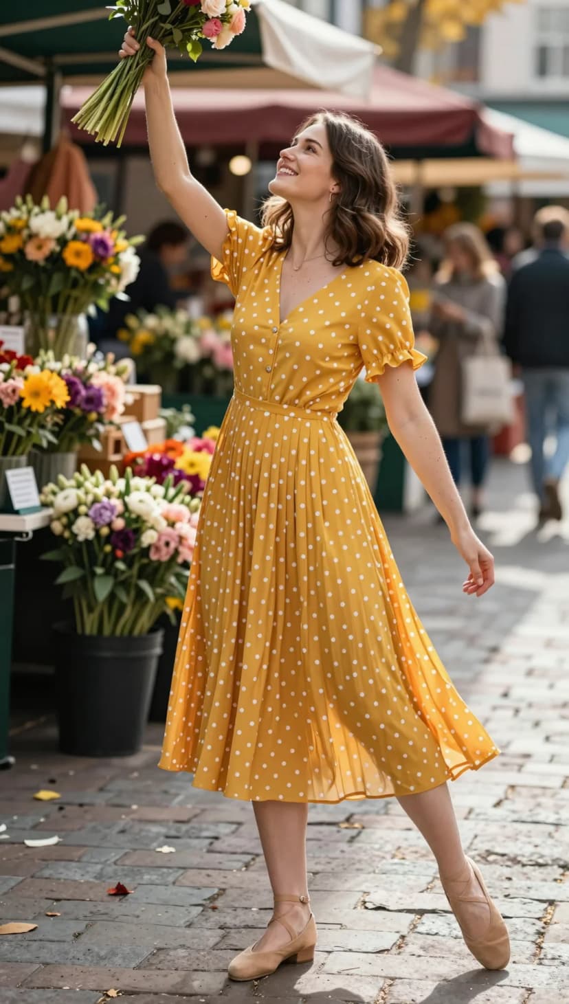 Yellow Polka Dot Midi Dress + Beige Ballet Flats