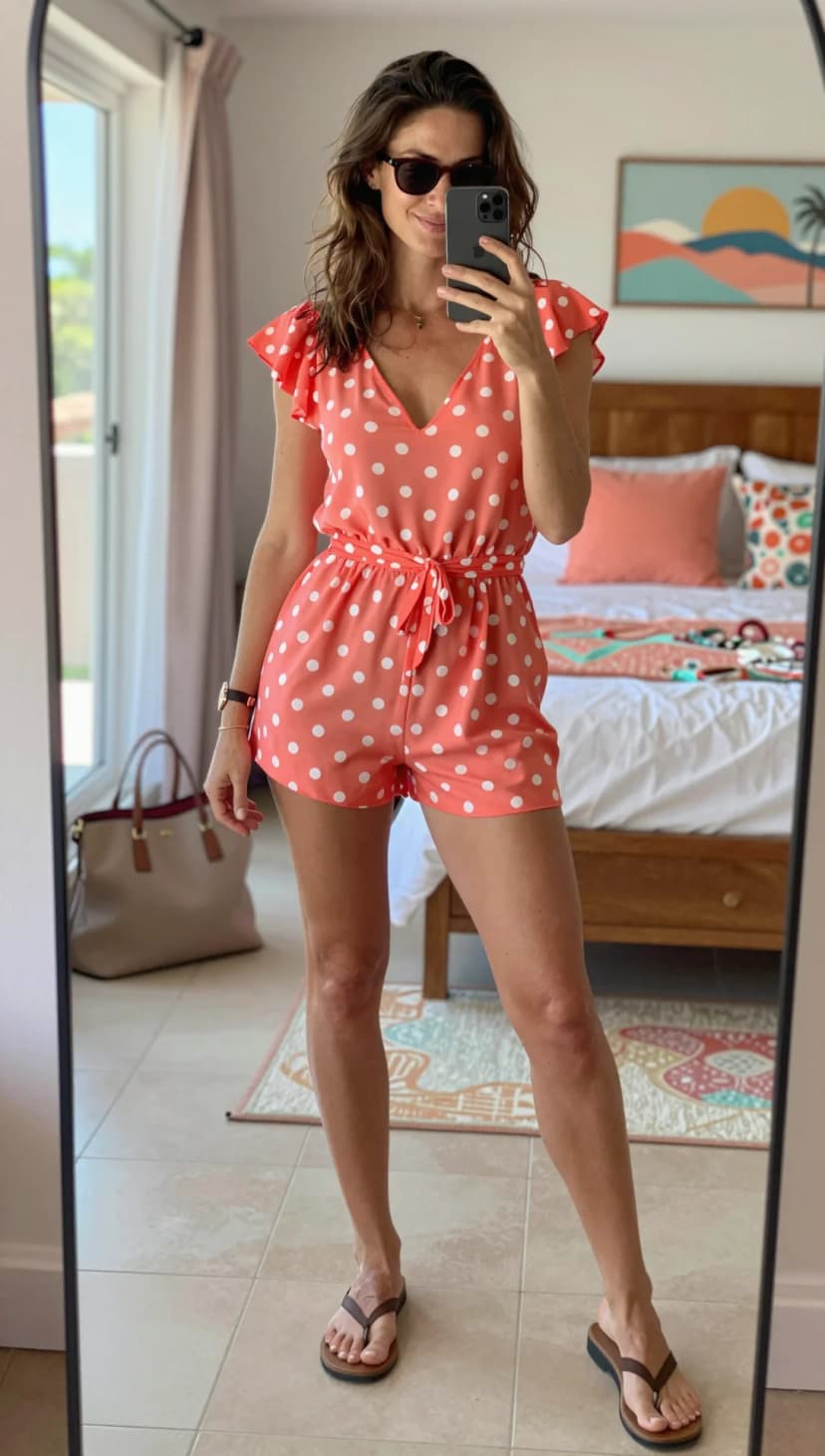 Coral Polka Dot Chiffon Romper + Brown Leather Flip-Flops