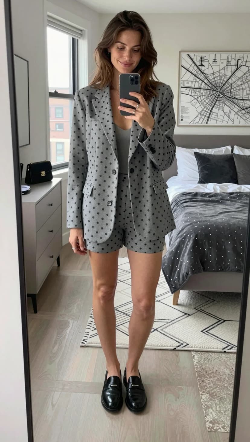 Grey Polka Dot Blazer + Grey Polka Dot Shorts + Grey Tank Top + Black Loafers