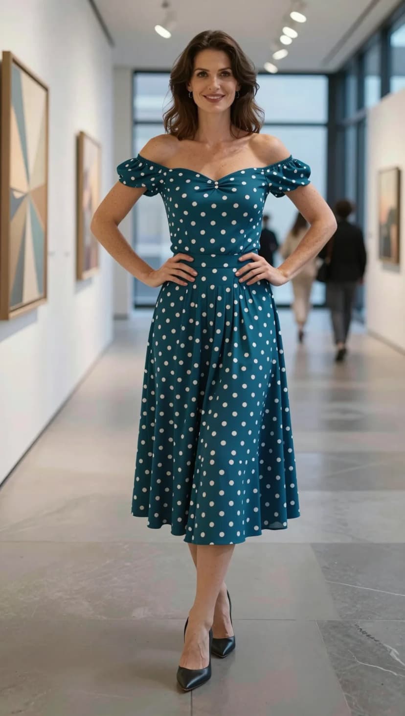 Teal Polka Dot Off-The-Shoulder Midi Dress + Black Pointed-Toe Heels