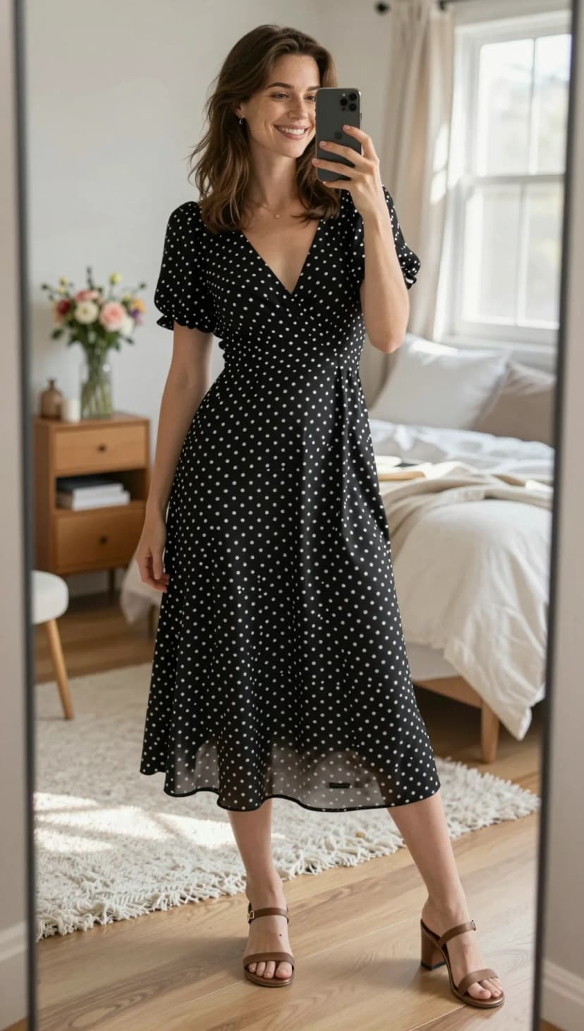 Black Polka Dot Chiffon Dress + Brown Leather Block Heel Sandals