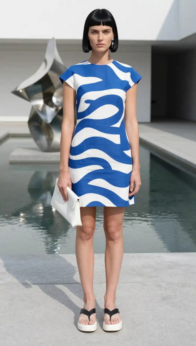 Blue and White Abstract Print Mini Dress + White Envelope Clutch + Platform Flip-Flops