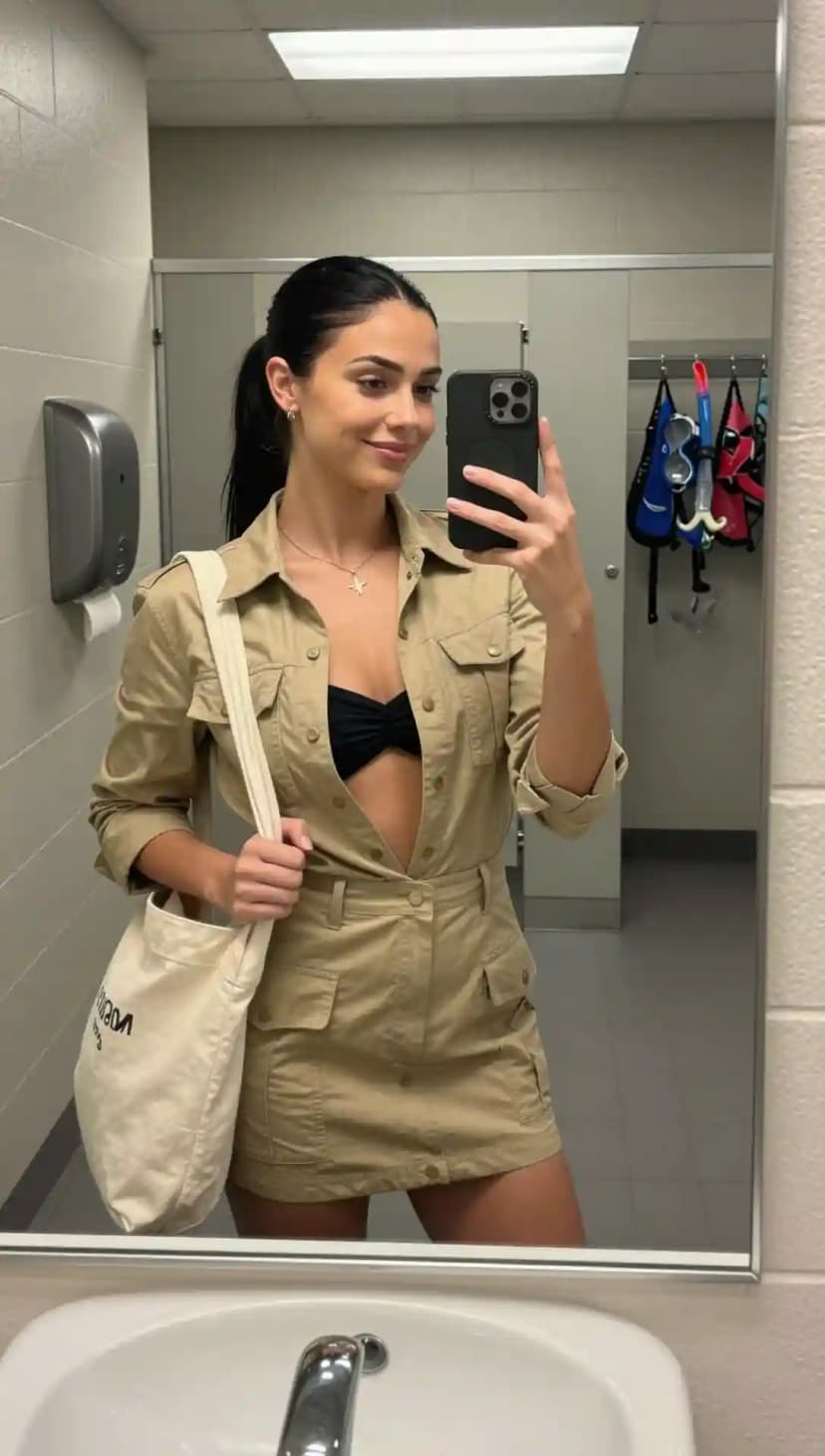 Khaki Utility Dress + Black Bandeau Bikini Top