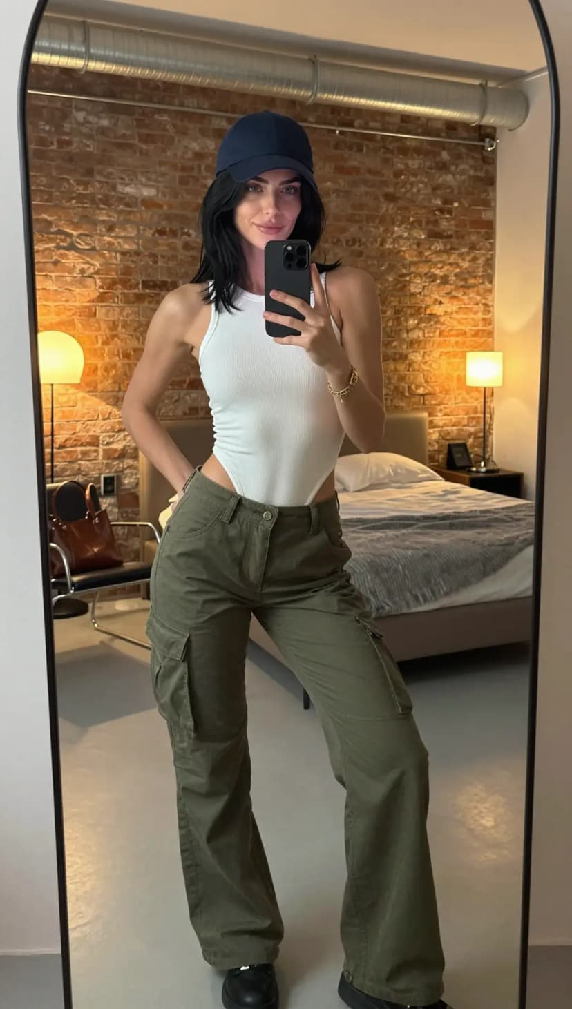 White Ribbed Tank Bodysuit + Olive Cargo Pants
