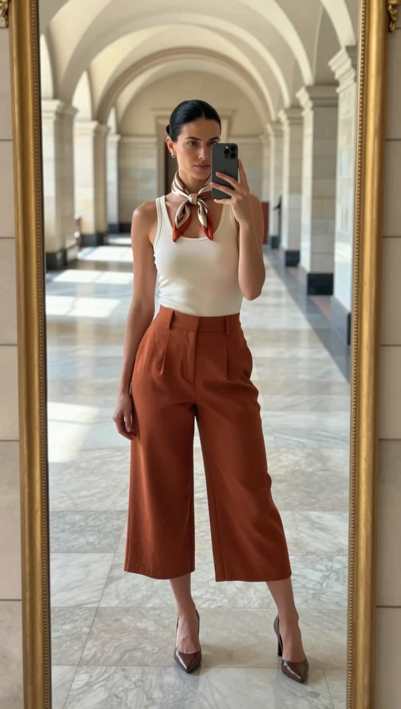 White Tank Top + Rust Wide-Leg Trousers + Brown Pointed Heels