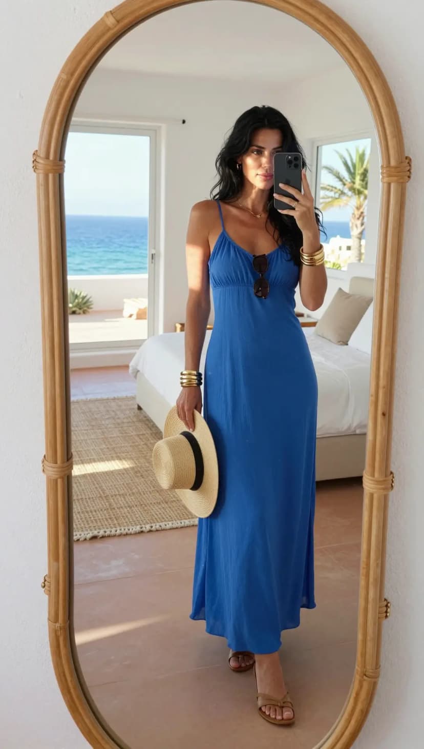 Cobalt Blue Viscose Maxi Dress + Tan Leather Flat Sandals