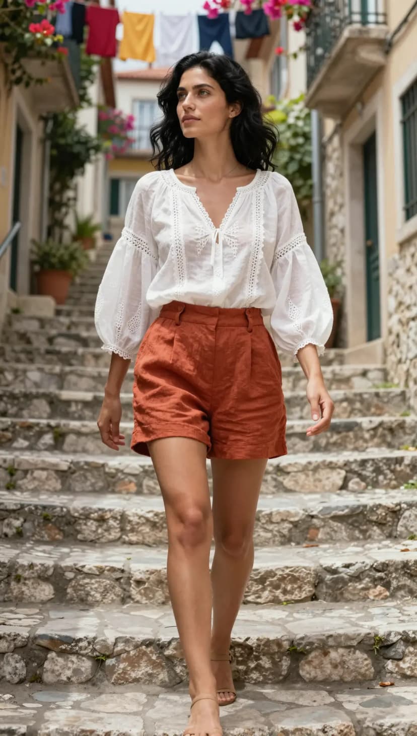 White Cotton Broderie Blouse + Terracotta Linen Shorts