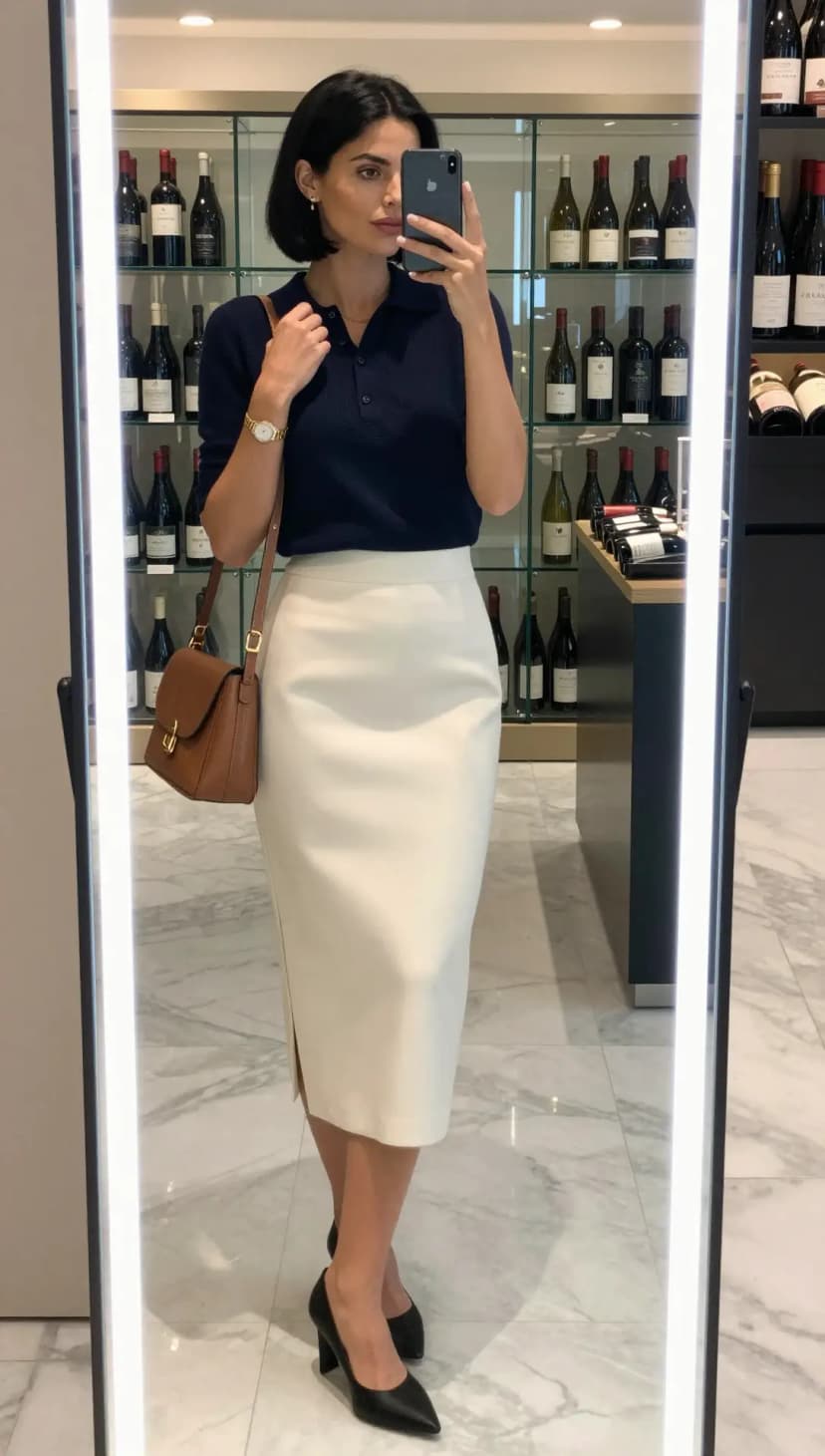 Navy Knit Polo + Cream Leather Pencil Skirt + Black Leather Pumps