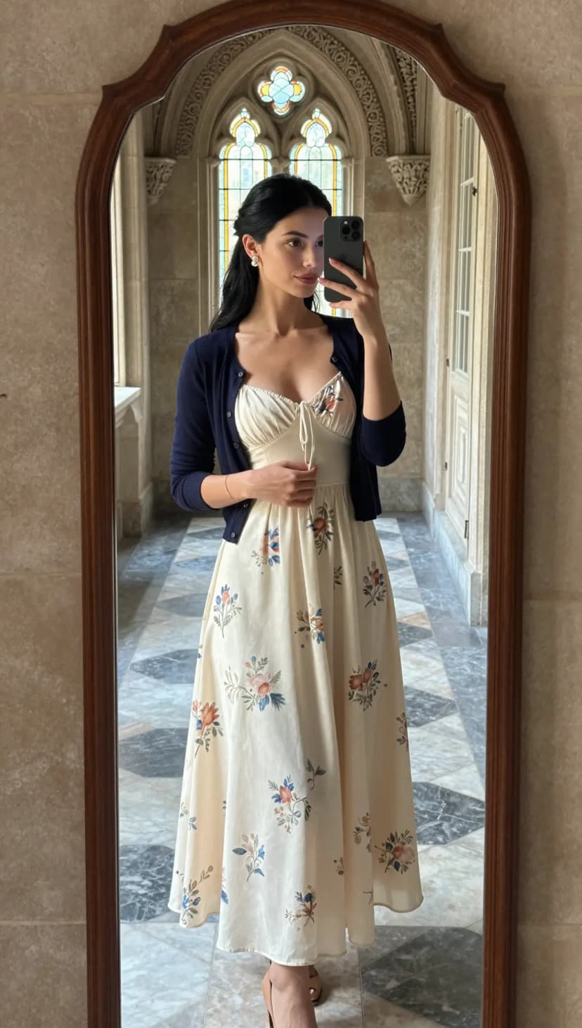 Cream Floral Print Midi Dress + Navy Cropped Cardigan