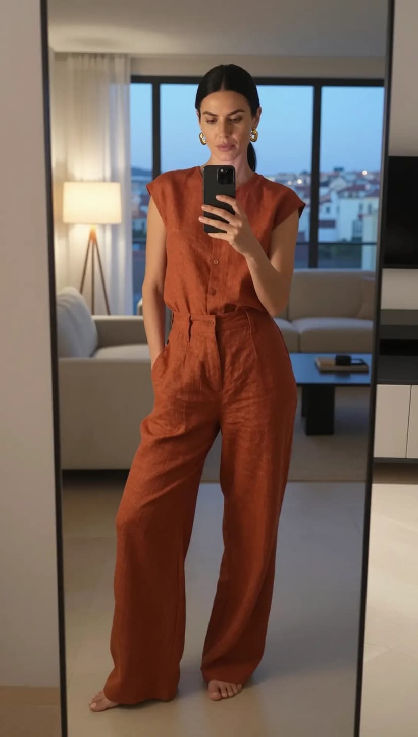 Rust Linen Sleeveless Top + Rust Linen Wide-Leg Trousers