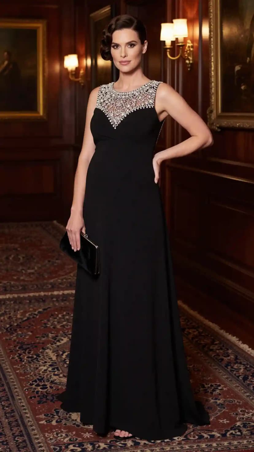 Black Crepe Gown + Black Velvet Clutch