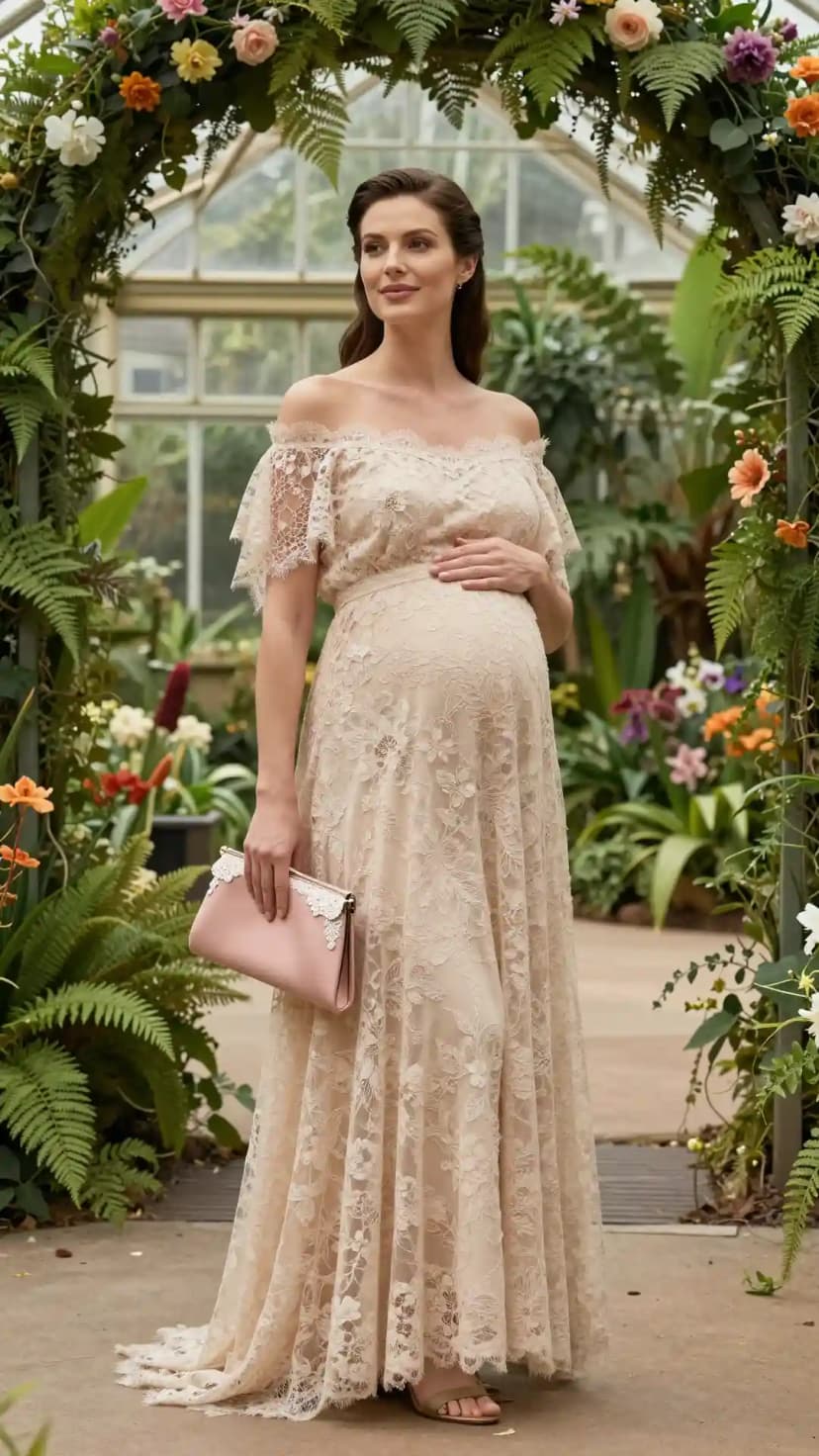 Cream Lace Off-the-Shoulder Gown