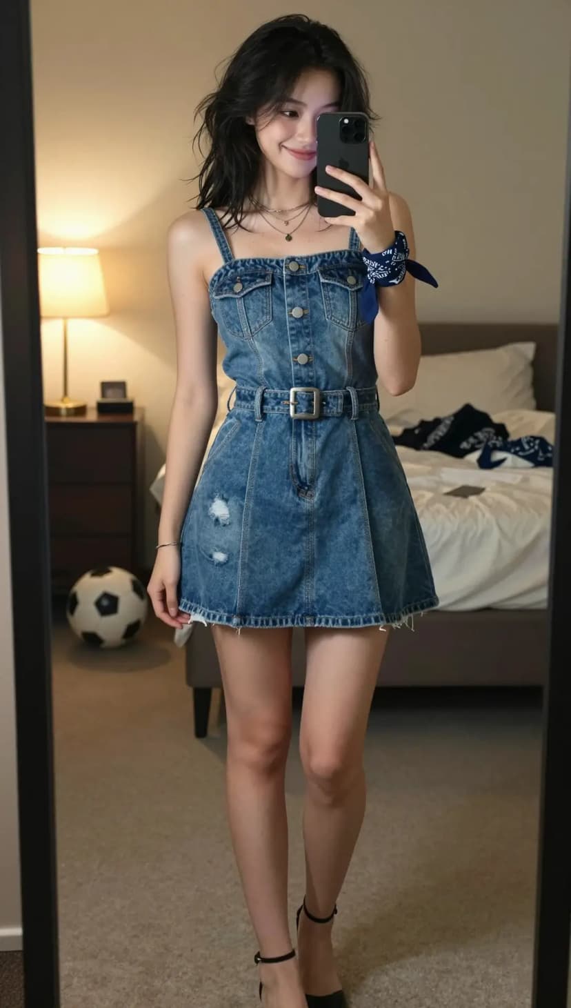 Blue Denim Pinafore Dress + Black Strappy Heels